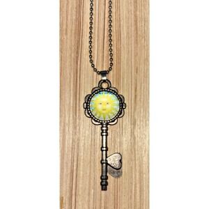 Sun Key Pendant Necklace Silver Tone Long Ball Chain Vintage Style